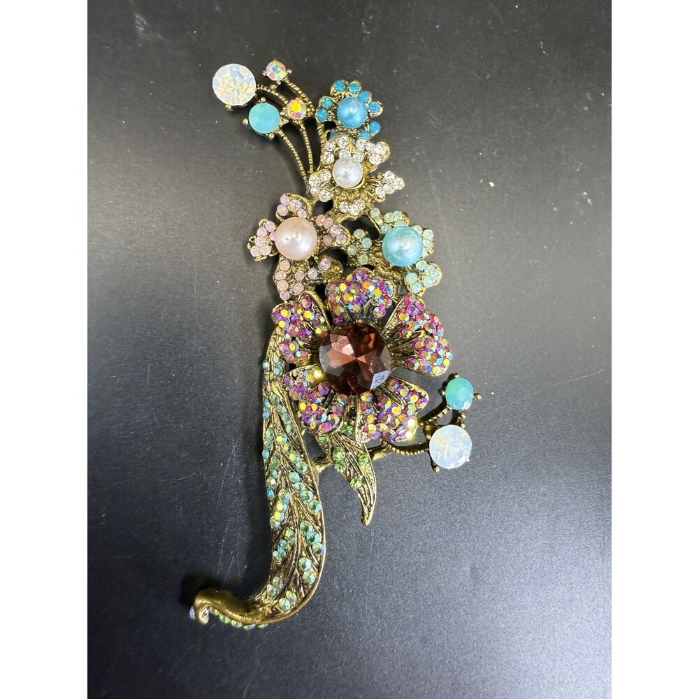 Vintage Large Flower Clusters Multicolor Rhinestones Faux Pearl Statement Brooch